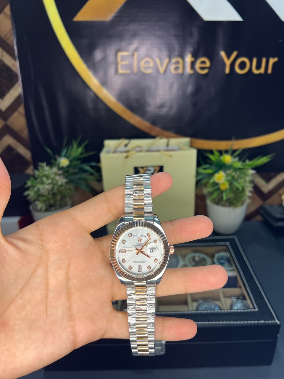 Rolex Day-Date two-tone silver rose gold diamond dial – front view